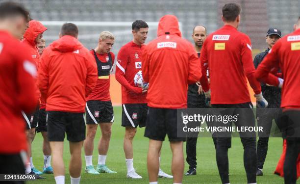 Poland's Robert Lewandowski pictured during a training session of the Polish national soccer team, Tuesday 07 June 2022 in Brussels, during the...