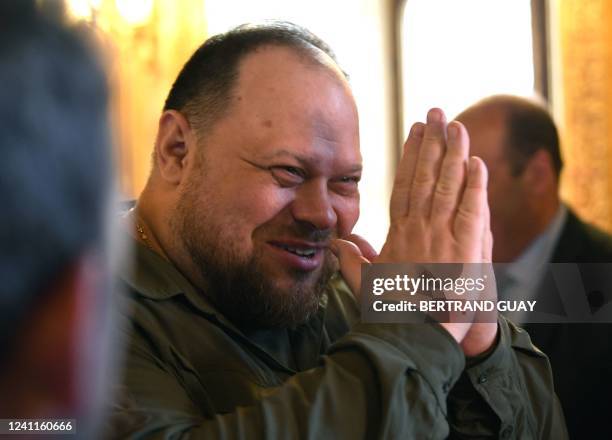 Ukrainian parliament president Ruslan Stefanchuk gives the audience a wave after a press conference at the Luxembourg Palace in Paris on June 7, 2022.