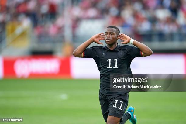 Youssoufa Moukoko from U21 Germany celebrates after scoring during the UEFA European Under-21 Championship Qualifier Group B match between Poland U21...