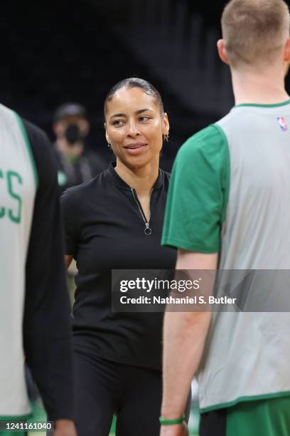 Allison Feaster of the Boston Celtics talks to the players during 2022 NBA Finals Practice and Media Availability on June 7, 2022 at the TD Garden in...