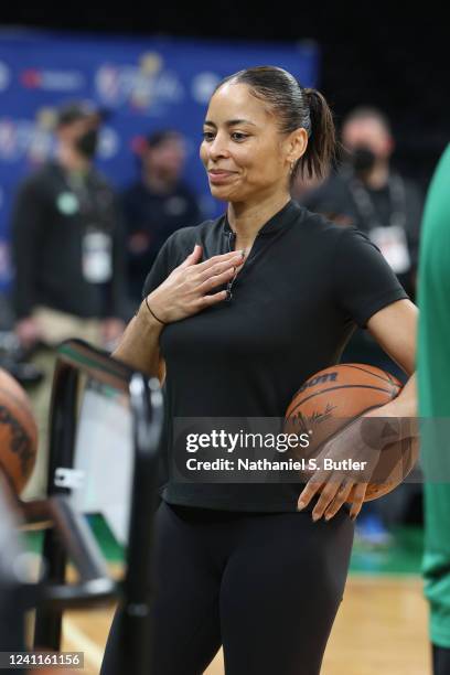 Allison Feaster of the Boston Celtics during 2022 NBA Finals Practice and Media Availability on June 7, 2022 at the TD Garden in Boston,...