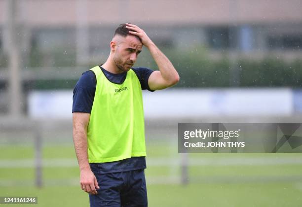 S Fatih Kaya reacts during the first training session of the 2022-2023 season, of Belgian first division soccer team Sint-Truidense V.V., Tuesday 07...
