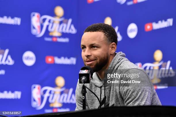 Stephen Curry of the Golden State Warriors speaks to the media during practice and media availability as part of the 2022 NBA Finals on June 7, 2022...