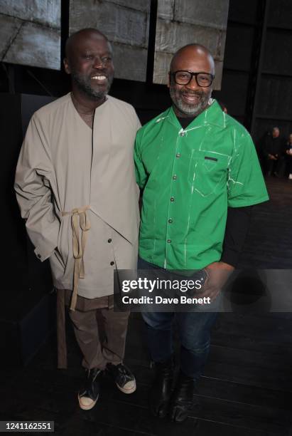 Sir David Adjaye and Theaster Gates attend a private view of the Serpentine Pavilion 2022 "Black Chapel" designed by Theaster Gates at The Serpentine...