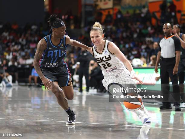 Courtney Vandersloot of the Chicago Sky drives to the basket during the game against the Atlanta Dream on June 3, 2022 at Gateway Center Arena in...