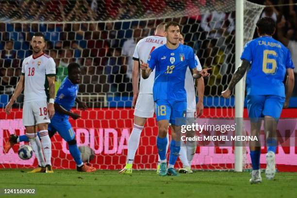 Italy's midfielder Nicolo Barella celebrates after opening the scoring during the UEFA Nations League - League A, Group 3 first leg football match...