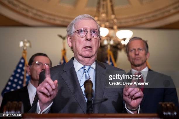 Senate Minority Leader Mitch McConnell speaks during a news conference after a closed-door lunch meeting with Senate Republicans at the U.S. Capitol...