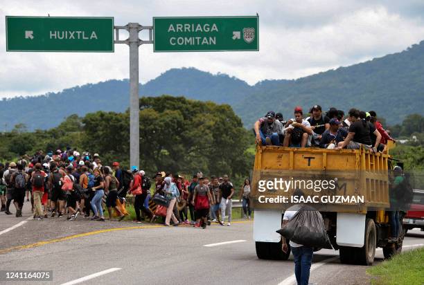 Migrants from Latin America taking part in a caravan towards the border with the United States arrive in Huixtla, Chiapas State, Mexico, on June 7,...