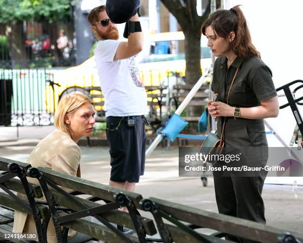 Claire Danes and Lizzy Caplan are seen on the set of "Fleishman is in Trouble" on June 07, 2022 in New York City.