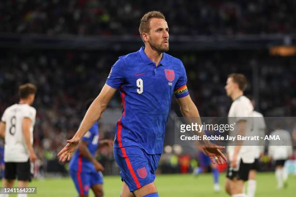 Harry Kane of England celebrates after scoring a goal to make it 1-1 during the UEFA Nations League League A Group 3 match between Germany and...