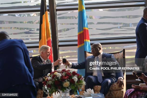 King Philippe - Filip of Belgium and DRC Congo President Felix Tshisekedi have a toast at the official welcome at N'Djili, Kinshasa International...