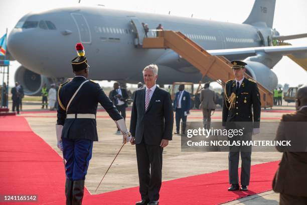 King Philippe - Filip of Belgium pictured during the official welcome at N¿Djili, Kinshasa International Airport, during an official visit of the...
