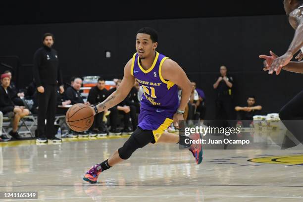 Tremont Waters of the South Bay Lakers drives to the basket during the game against the Austin Spurs on March 25, 2022 at UCLA Health Training Center...