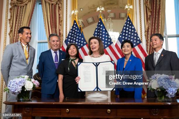 Speaker of the House Nancy Pelosi speaks after signing H.R. 3525, a bill to create a commission to study making a national museum of Asian Pacific...