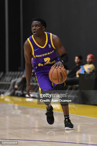 Darren Collison of the South Bay Lakers dribbles the ball during the game against the Austin Spurs on March 25, 2022 at UCLA Health Training Center...