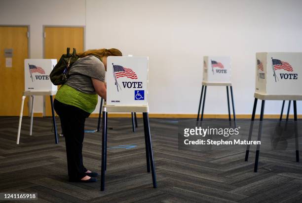 Voter fills out a ballot at the Ames Public Library on primary Election Day on June 7, 2022 in Ames, Iowa. Iowa is one of seven states holding...