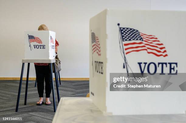 Voter fills out a ballot at the Ames Public Library on primary Election Day on June 7, 2022 in Ames, Iowa. Iowa is one of seven states holding...