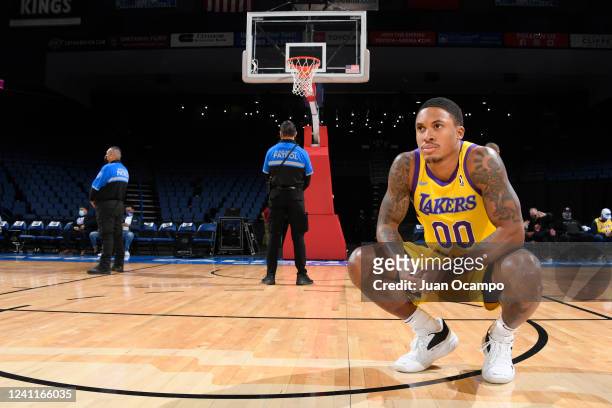 Nate Pierre-Louis of the South Bay Lakers looks on before the game against the Agua Caliente Clippers on February 16, 2022 at Toyota Arena in...
