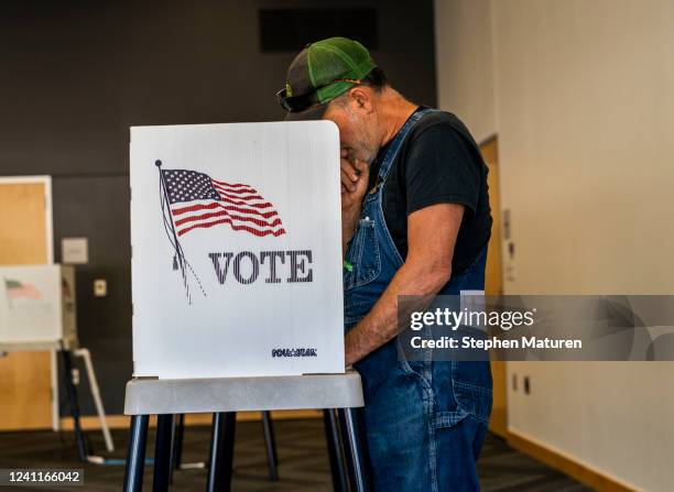 Voter fills out a ballot at the Ames Public Library on primary Election Day on June 7, 2022 in Ames, Iowa. Iowa is one of seven states holding...