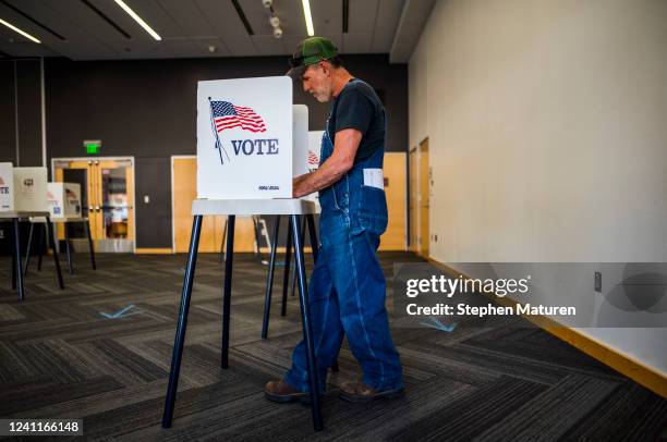 Voter fills out a ballot at the Ames Public Library on primary Election Day on June 7, 2022 in Ames, Iowa. Iowa is one of seven states holding...