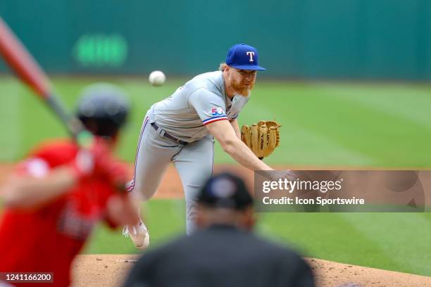 Texas Rangers starting pitcher Jon Gray delivers a pitch to the plate during the first inning of game 1 of the the Major League Baseball doubleheader...