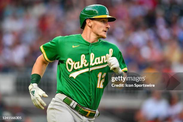 Oakland catcher Sean Murphy runs to first base during the MLB game between the Oakland Athletics and the Atlanta Braves on June 7th, 2022 at Truist...