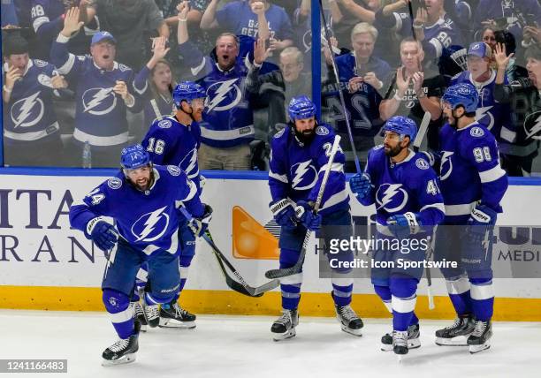 Tampa Bay Lightning left wing Pat Maroon scores the first goal for Tampa Bay Lightning and celebrates during the NHL Hockey Eastern Conference Finals...