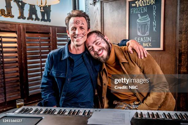 Episode 1302 -- Pictured: Host Seth Meyers and Post Malone during "Day Drinking" on June 1, 2022 --