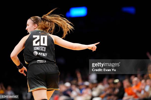 Sabrina Ionescu of the New York Liberty looks on during the game against the Minnesota Lynx on June 7, 2022 at the Barclays Center in Brooklyn, New...