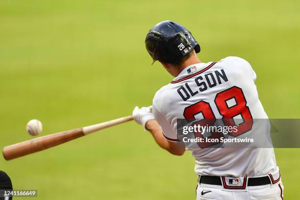 Atlanta first baseman Matt Olson hits a line drive during the MLB game between the Oakland Athletics and the Atlanta Braves on June 7th, 2022 at...