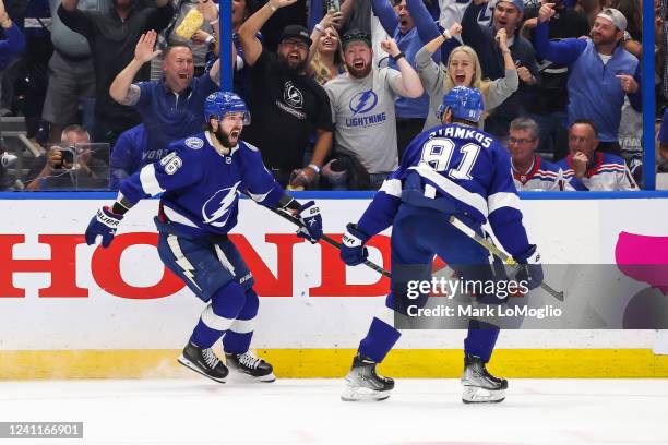 Nikita Kucherov of the Tampa Bay Lightning celebrates a goal with teammate Steven Stamkos against the New York Rangers during the second period in...