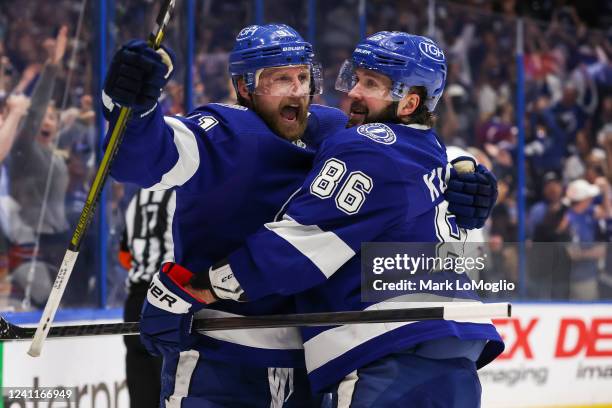 Steven Stamkos of the Tampa Bay Lightning celebrates a goal with teammate Nikita Kucherov against the New York Rangers during the third period in...