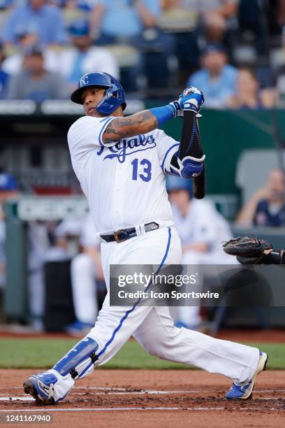 Kansas City Royals catcher Salvador Perez bats during an MLB game against the Toronto Blue Jays on June 7, 2022 at Kauffman Stadium in Kansas City,...