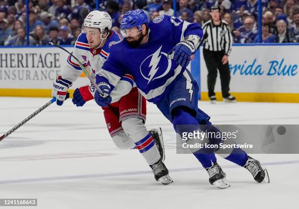 Tampa Bay Lightning left wing Alex Killorn and New York Rangers center Frank Vatrano during the NHL Hockey Eastern Conference Finals Game 4 of the...