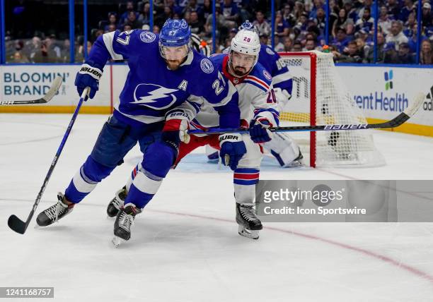 Tampa Bay Lightning defenseman Ryan McDonagh and New York Rangers left wing Chris Kreider during the NHL Hockey Eastern Conference Finals Game 4 of...