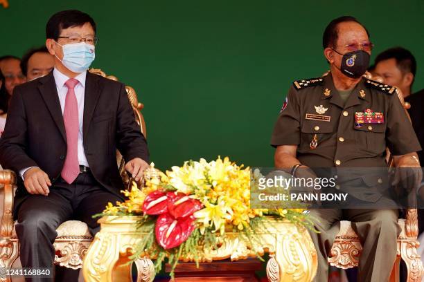 Cambodia's Defence Minister Tea Banh and China's Ambassador to Cambodia Wang Wentian take part in a groundbreaking ceremony at the Ream naval base in...