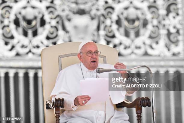 Pope Francis speaks during the weekly general audience on June 8, 2022 at St. Peter's Square in The Vatican.