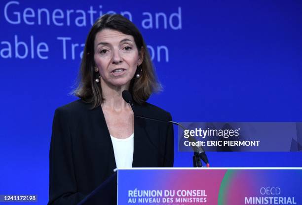 Chief Economist Laurence Boone speaks during a press conference to present the OECD Economic outlook at the OECD headquarters in Paris on June 8,...