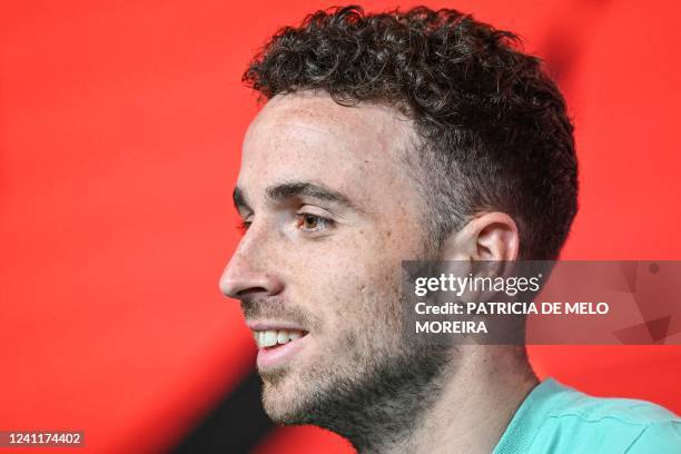 Portugal's forward Diogo Jota attends a press conference at "Cidade do Futebol" training camp in Oeiras, outskirts of Lisbon on June 8, 2022 on the...