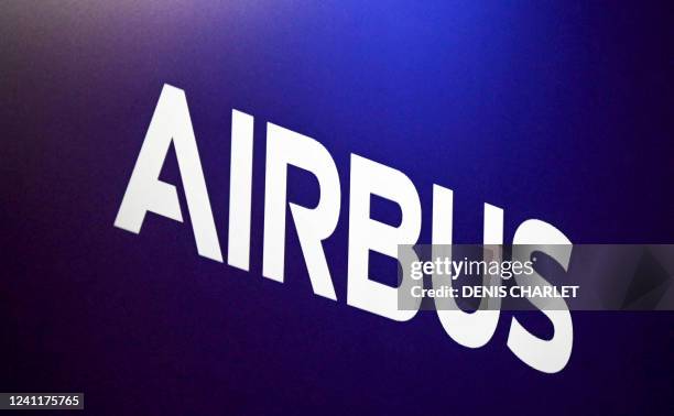 The logo of European aircraft manufacturer Airbus is pictured at the International Cybersecurity Forum in Lille, northern France, on June 8, 2022.
