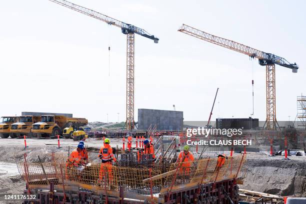 The construction site is pictured during the topping out party at the construction of the tunnel factory on the Fehmarnbelt in Roedbyhavn, on June 8,...