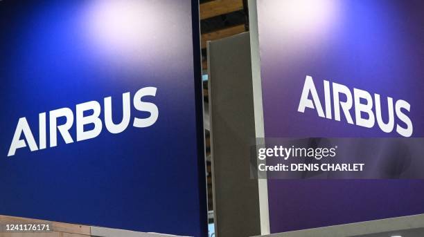The logo of European aircraft manufacturer Airbus is pictured at the International Cybersecurity Forum in Lille, northern France, on June 8, 2022.