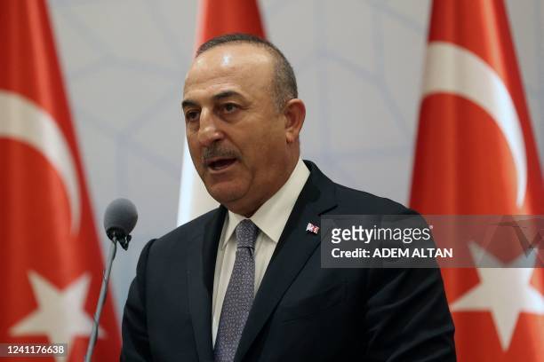 Turkish Foreign Minister Mevlut Cavusoglu speaks during a joint press conference with his Dutch counterpart Wopke Hoekstra in Ankara, on June 8, 2022.
