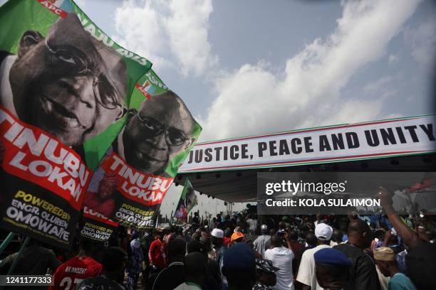 Supporters of Nigerias ruling party presidential flagbearer, Bola Tinubu jubilates after the party announces him as the winner of its presidential...