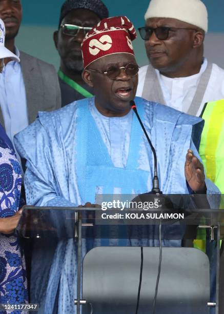 Nigerias ruling party presidential flagbearer, Bola Tinubu delivers a speech after the party announces him as the winner of its presidential primary...