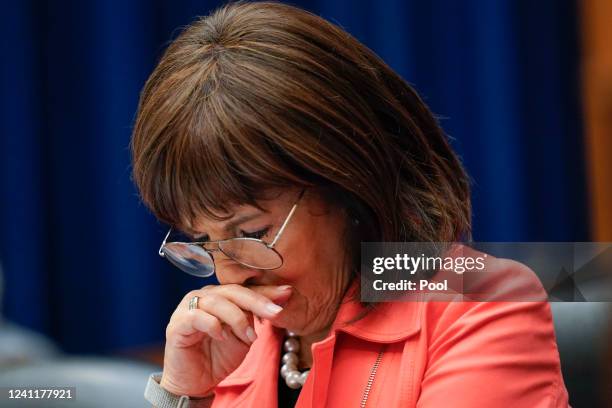 Rep. Jackie Speier, D-Calif., reacts as she listens to testimony during a House Committee on Oversight and Reform hearing on gun violence on Capitol...