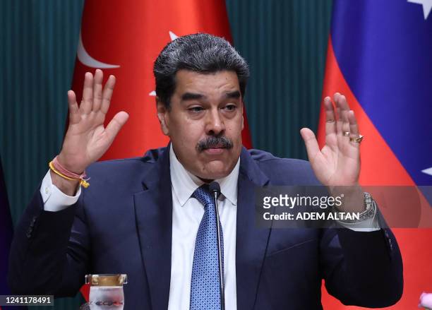 Venezuelan President Nicolas Maduro attends a press conference after his meeting with Turkey's President in Ankara on June 8, 2022.