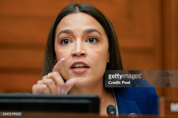 Rep. Alexandria Ocasio-Cortez speaks during a House Committee on Oversight and Reform hearing on gun violence on Capitol Hill on June 8, 2022 in...