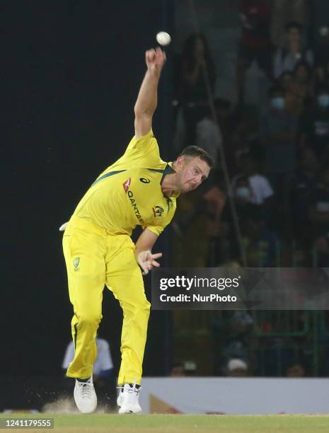 Australia's Josh Hazlewood Bowls during the second Twenty20 cricket match between Sri Lanka and Australia at R. Premadasa Stadium in Colombo, Sri...