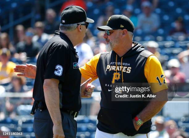 Derek Shelton of the Pittsburgh Pirates argues a call in the eighth inning against the Detroit Tigers during inter-league play at PNC Park on June 8,...